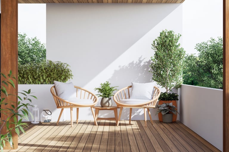 Modern contemporary terrace with nature view and decorative plants