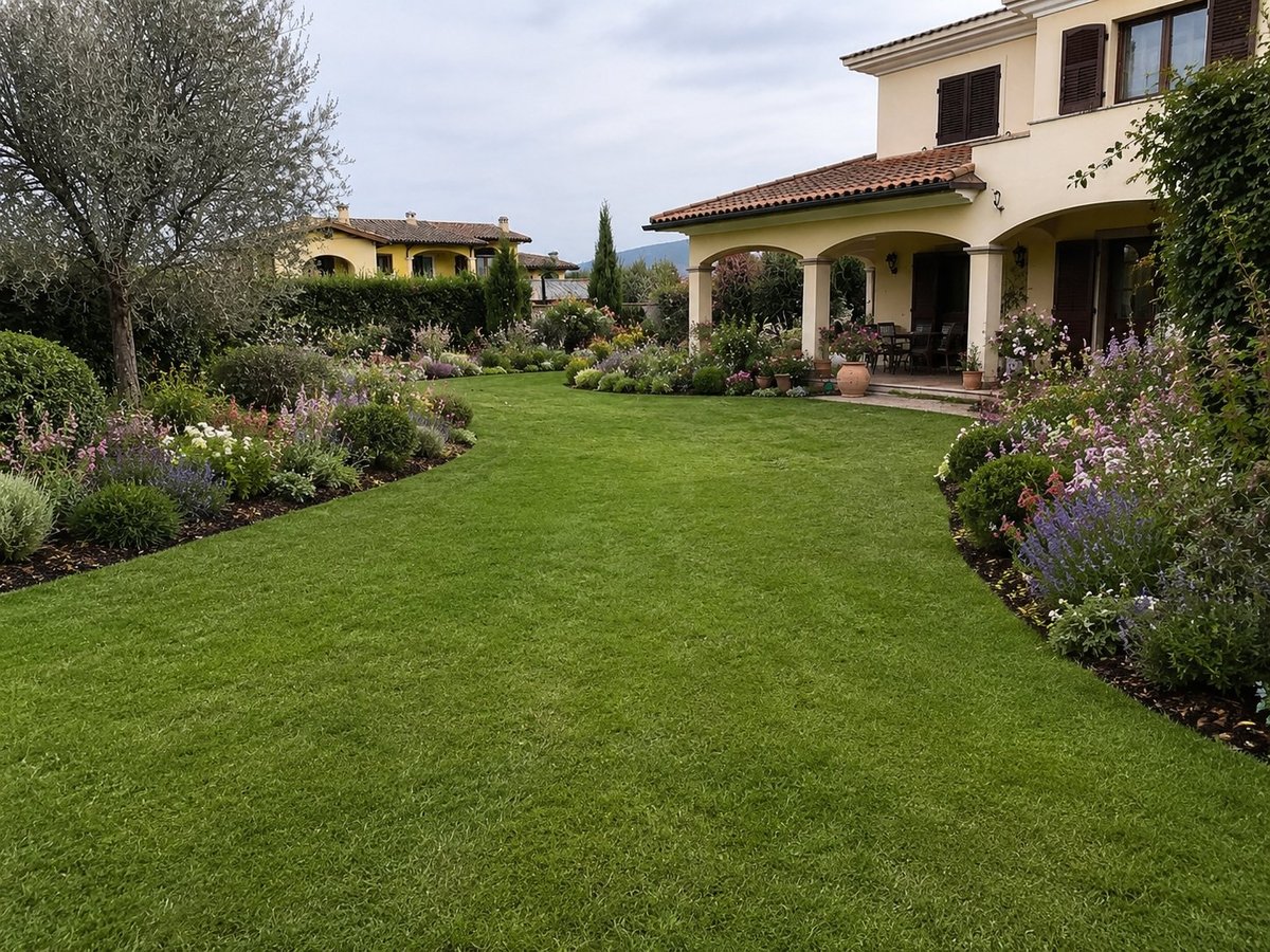 Tuscan-style villa with manicured lawn, flowering gardens, olive trees, and Mediterranean architecture featuring arched porticoes