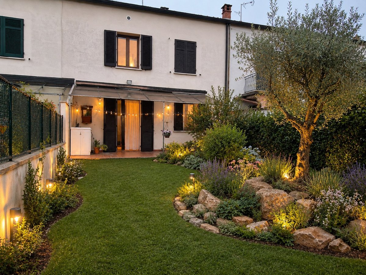 Modern home with illuminated patio, manicured lawn, and landscaped garden with olive tree at dusk
